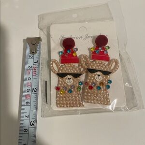 Festive Pearl Llama Earrings with Red Pom-Poms